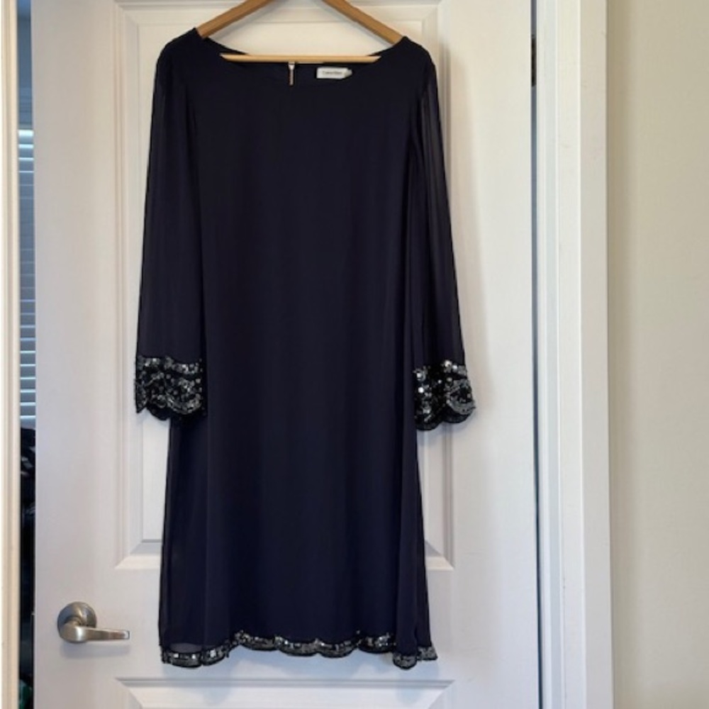 CALVIN KLEIN Dress Navy Lovely! Chiffon Overlay & Sequins EUC Sz 16